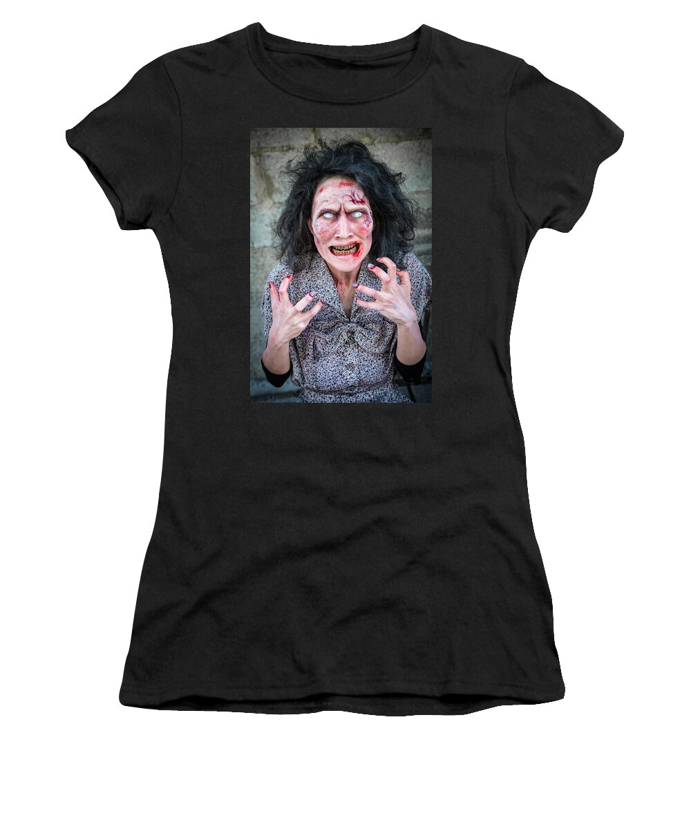 Zombie Women's T-Shirt featuring the photograph Scary angry zombie woman by Matthias Hauser