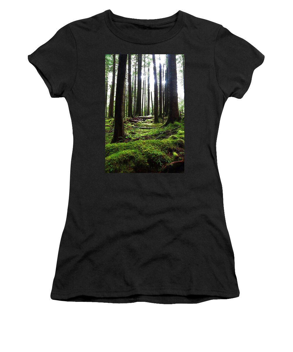 Breaking Sun; Evergreen; Forest; Green; Landscape; Moss; National Park; New Day; Olympic; Rain Forest; Soft; Sparkles; Sunrise; Sunshine; Women's T-Shirt featuring the photograph Scatter Sunshine by David Andersen