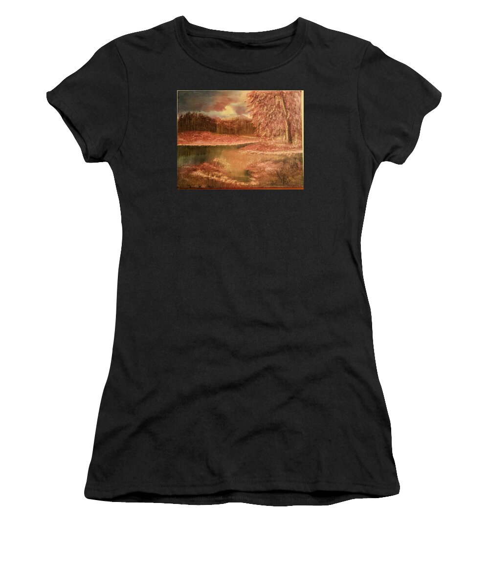 Acrylic Lake Canvas Prints Women's T-Shirt featuring the painting Serene Lake by Dottie Visker