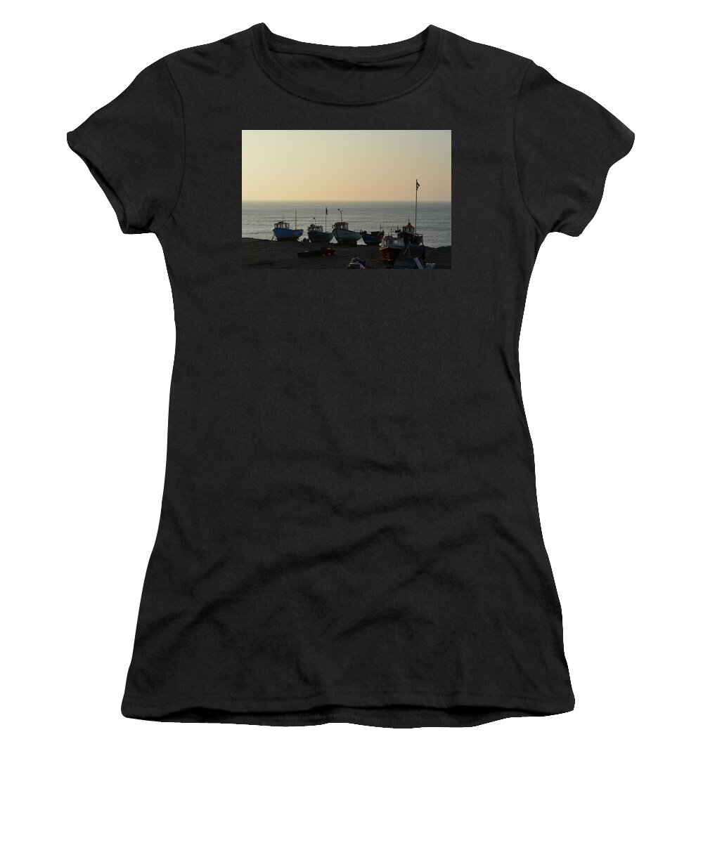 Silhouette Women's T-Shirt featuring the photograph Silhouette of boats on beach by Andy Thompson