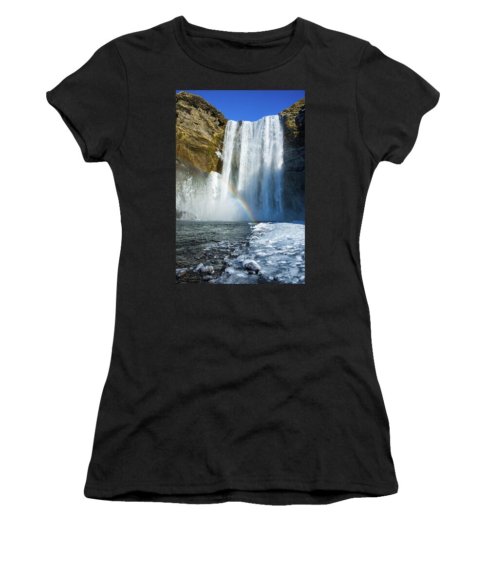 Skogafoss Women's T-Shirt featuring the photograph Skogafoss waterfall Iceland in winter by Matthias Hauser