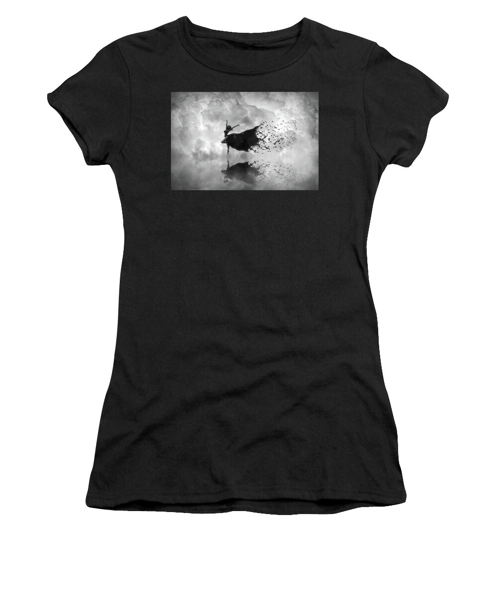 Dancer Women's T-Shirt featuring the digital art Sky Dancer - black and white by Lilia S