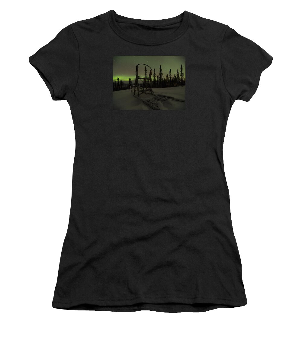 Aurora Borealis Women's T-Shirt featuring the photograph Sled Skeleton Aurora by Ian Johnson