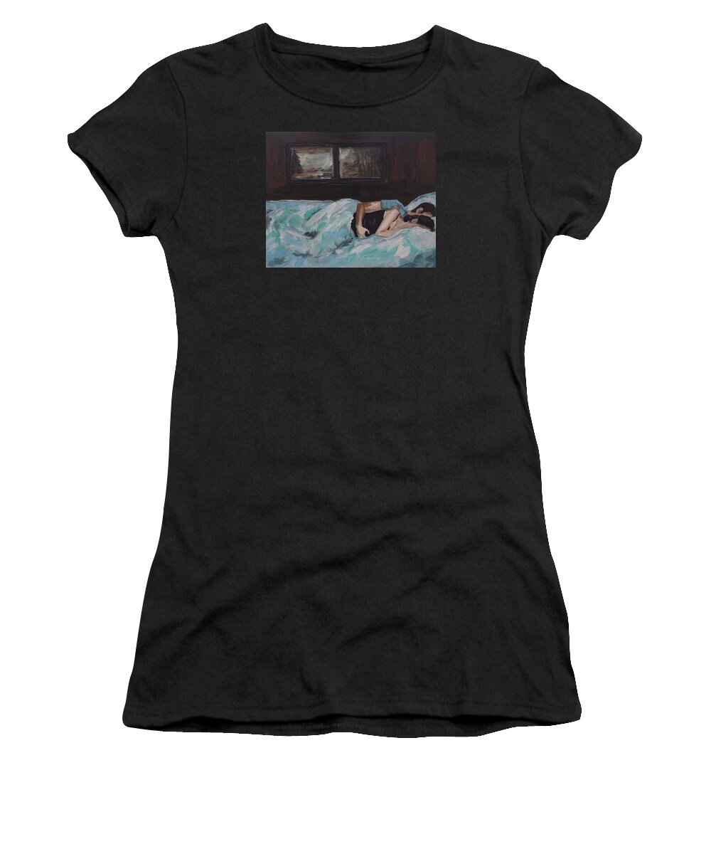 Couple Painting Women's T-Shirt featuring the painting Sleeping In by Leslie Allen