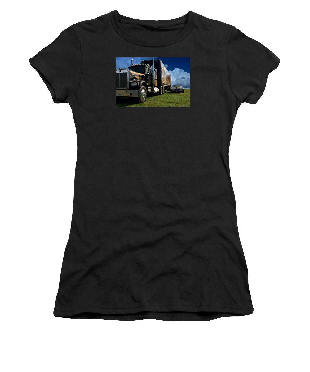 1973 Women's T-Shirt featuring the photograph Smokey and the Bandit Tribute 1973 Kenworth W900 Black and Gold Semi Truck and The Bandit TransAm by Tim McCullough