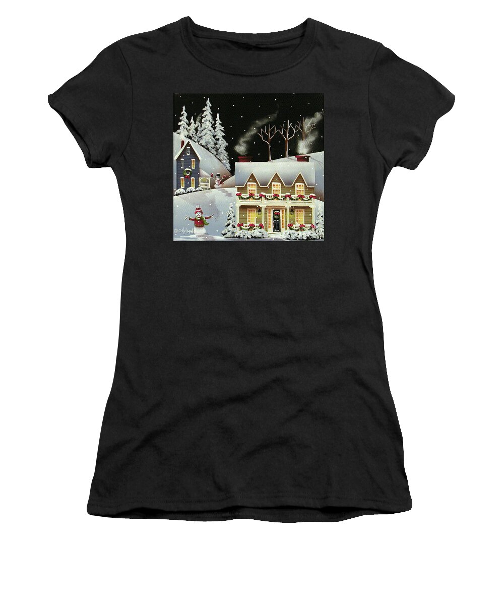 Art Women's T-Shirt featuring the painting Snowman Contest by Catherine Holman