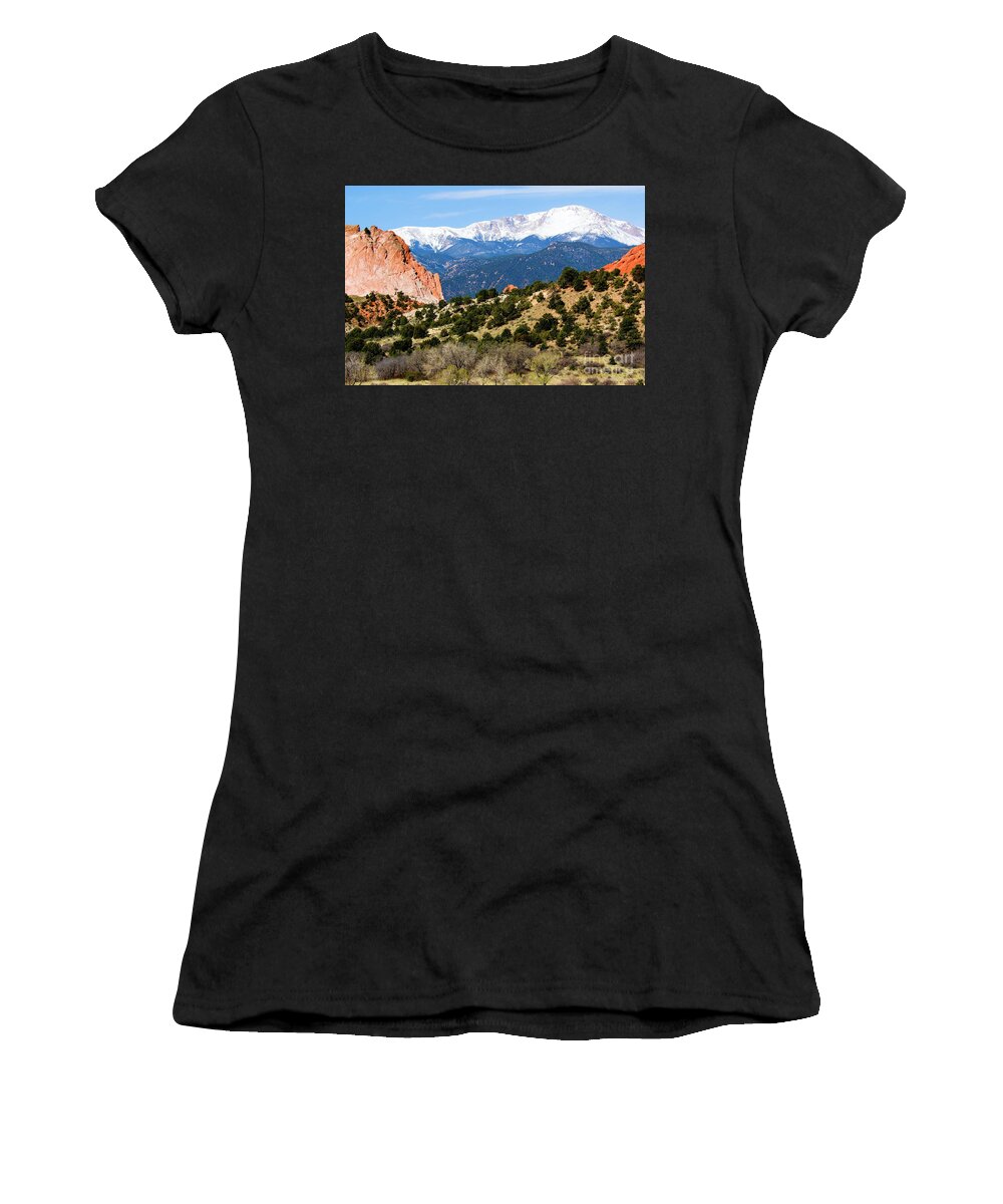 Pikes Peak Women's T-Shirt featuring the photograph Snowy Pikes Peak and Garden of the Gods Park in Colorado Springs in th by Steven Krull