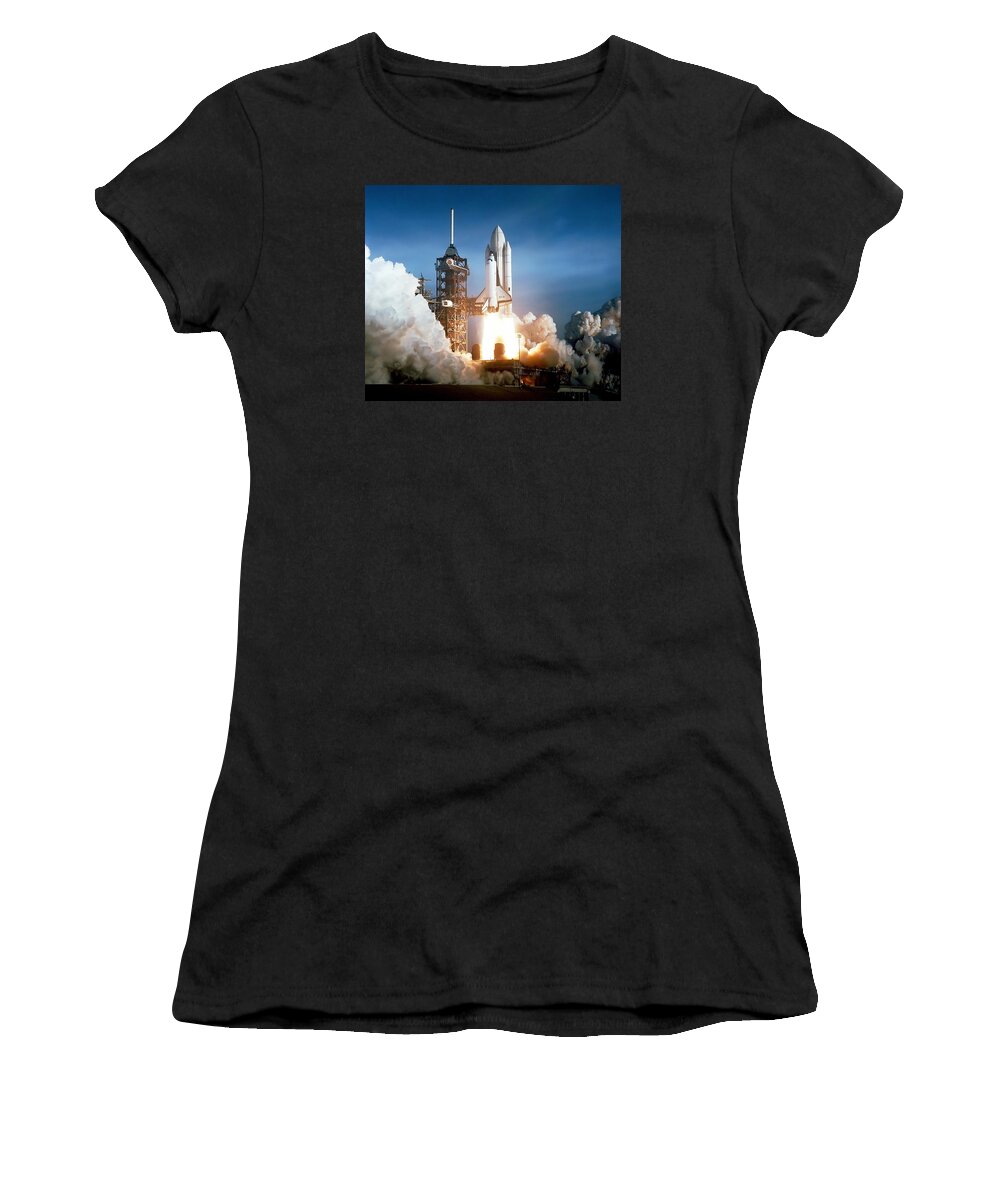 Space Exploration Women's T-Shirt featuring the photograph Space Shuttle Columbia - First Launch 1981 by War Is Hell Store