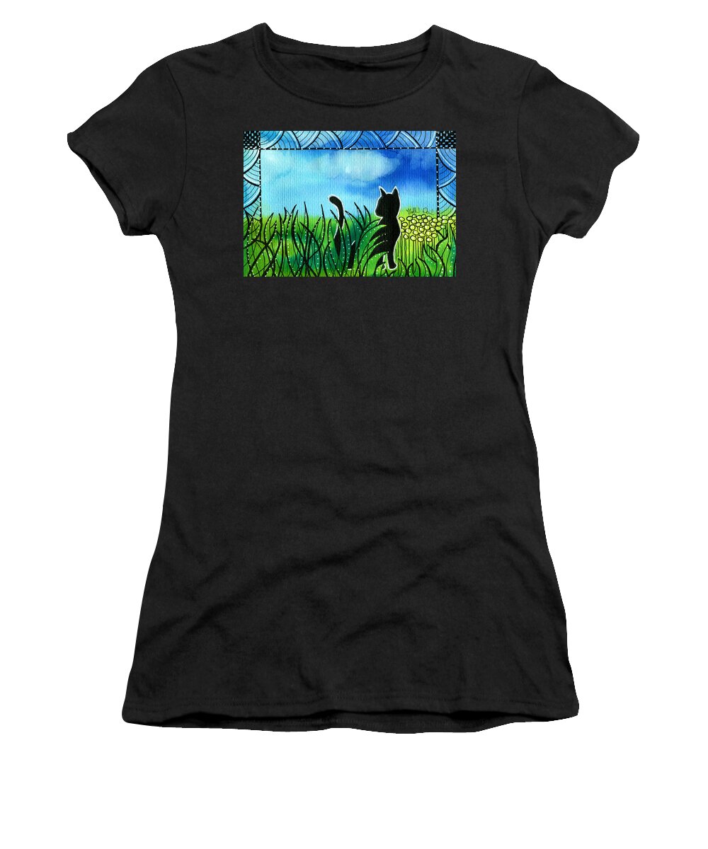 Spring Breeze Women's T-Shirt featuring the painting Spring Breeze - Black Cat Card by Dora Hathazi Mendes