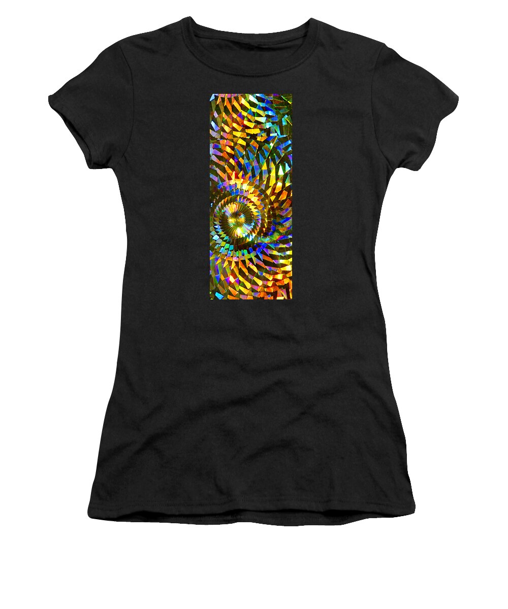 Stained Glass Fantasy Color Swirl Bright Pieced Piecing Abstract; Art; Artistic; Artwork; Background; Colorful; Creative; Decor; Decoration; Decorative; Design; Detail; Light; Mosaic; Pattern; Refraction Mosaic Refracted Women's T-Shirt featuring the photograph Stained Glass Fantasy 1 by Frances Miller