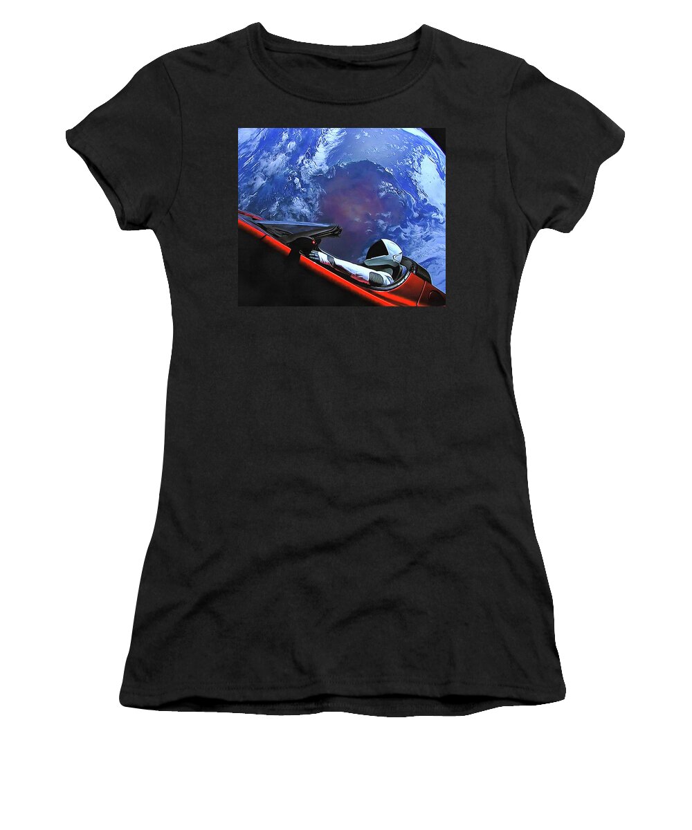 Starman Women's T-Shirt featuring the photograph Starman in Tesla with planet earth by SpaceX