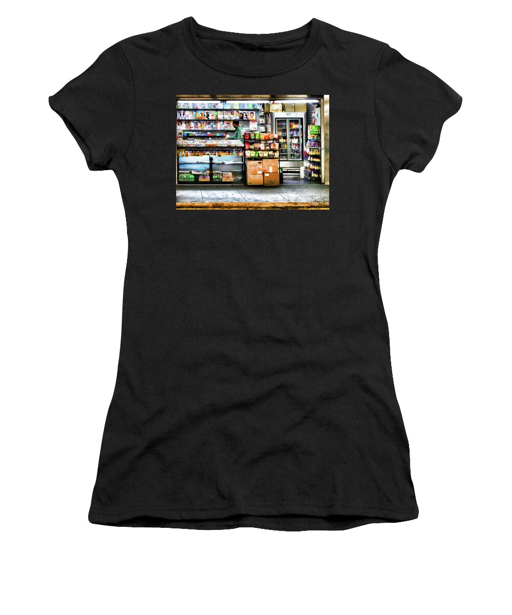 Subway-news-stand Women's T-Shirt featuring the painting Subway News Stand Vendor by Jeelan Clark