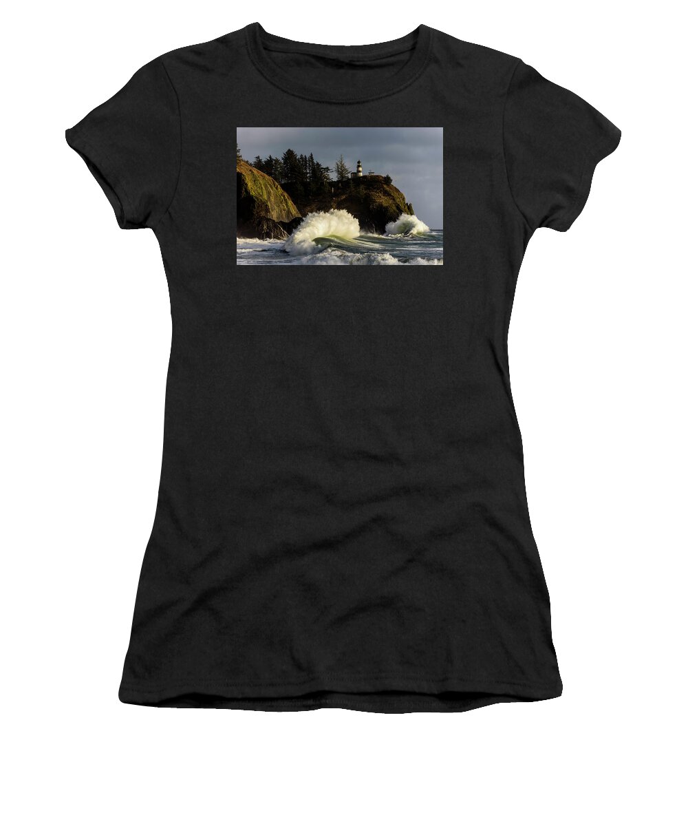 Cape Disappointment Women's T-Shirt featuring the photograph Sun and Surf With Lighthouse by Robert Potts