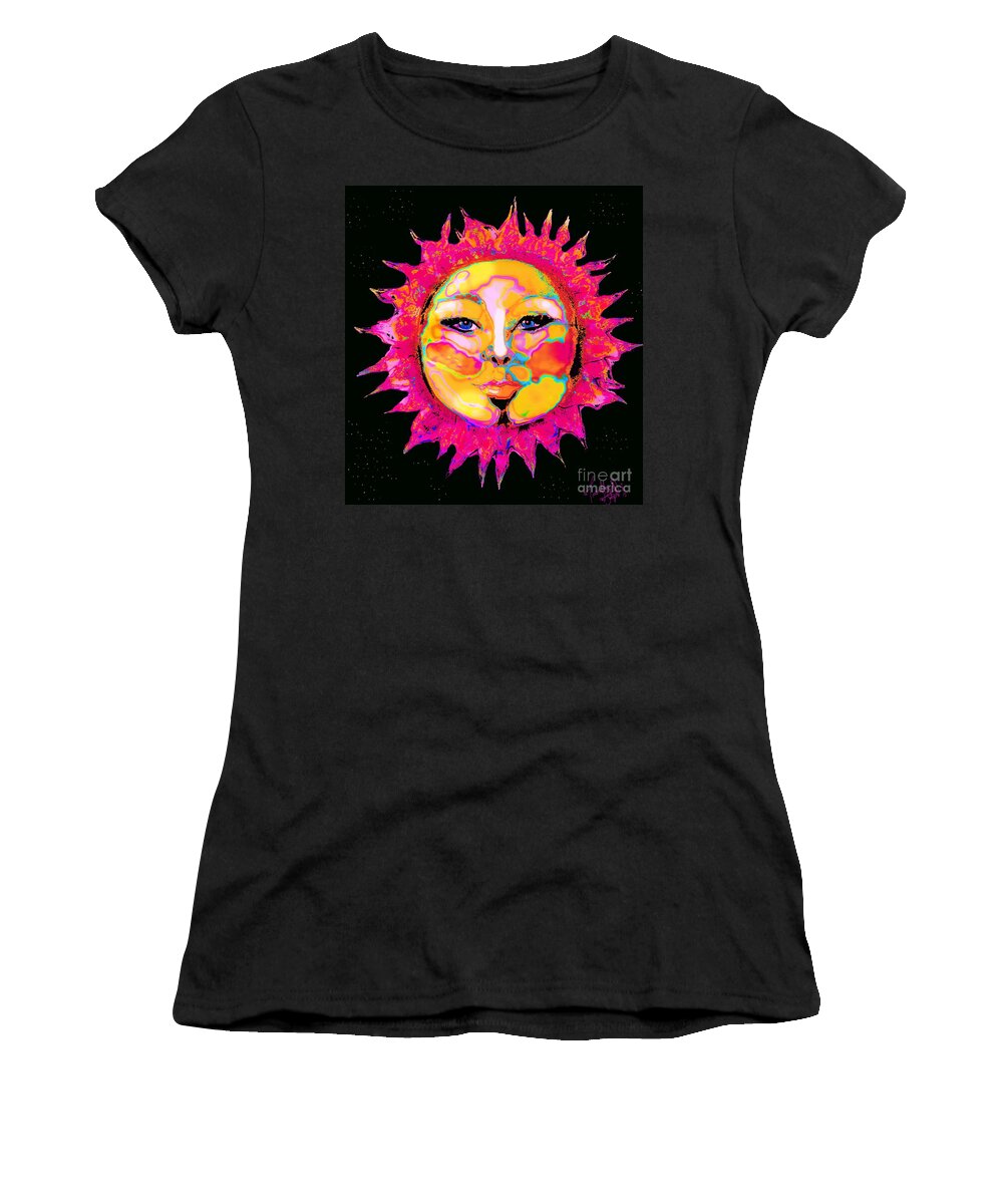  Strong Sensual Female Sun Face Portrait Surrounded Bystars Women's T-Shirt featuring the digital art Sun Goddess She Sun by Priscilla Batzell Expressionist Art Studio Gallery