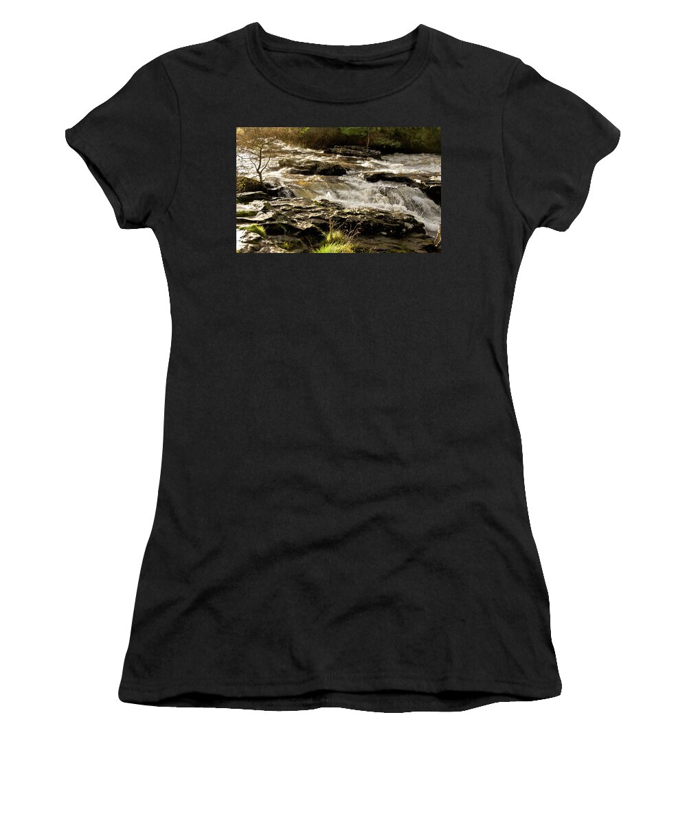 Sun Women's T-Shirt featuring the photograph Sun over rushing falls. Dochart. by Elena Perelman