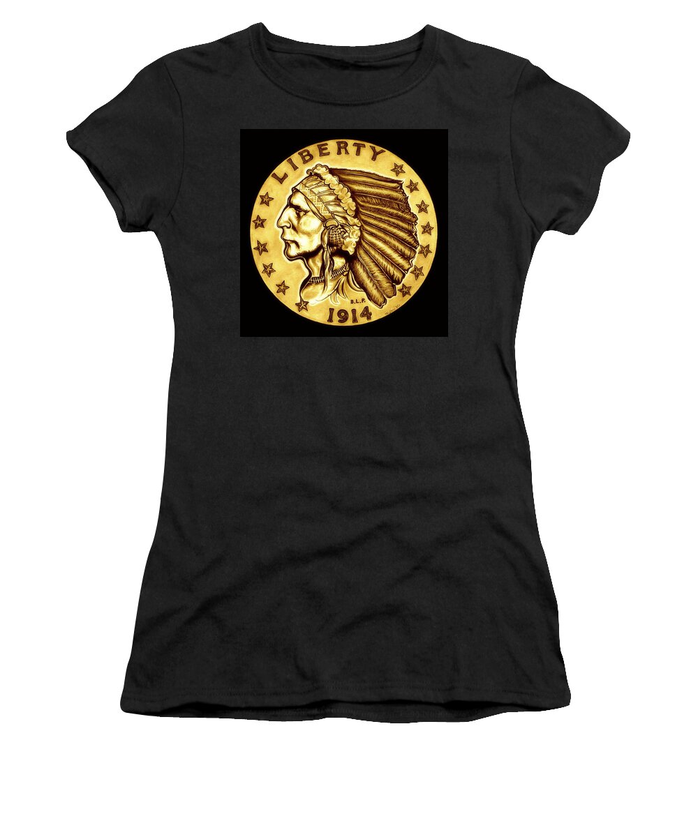 Indian Head Women's T-Shirt featuring the drawing Sunflower Gold Quarter Eagle by Fred Larucci