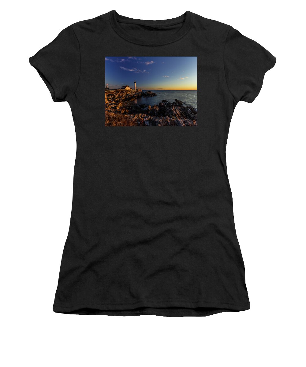 Sun Women's T-Shirt featuring the photograph Sunrise at Portland Headlight by Darryl Hendricks