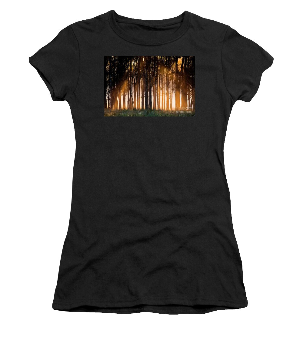 Sunrise Women's T-Shirt featuring the photograph Sunrise through trees by Sheila Smart Fine Art Photography
