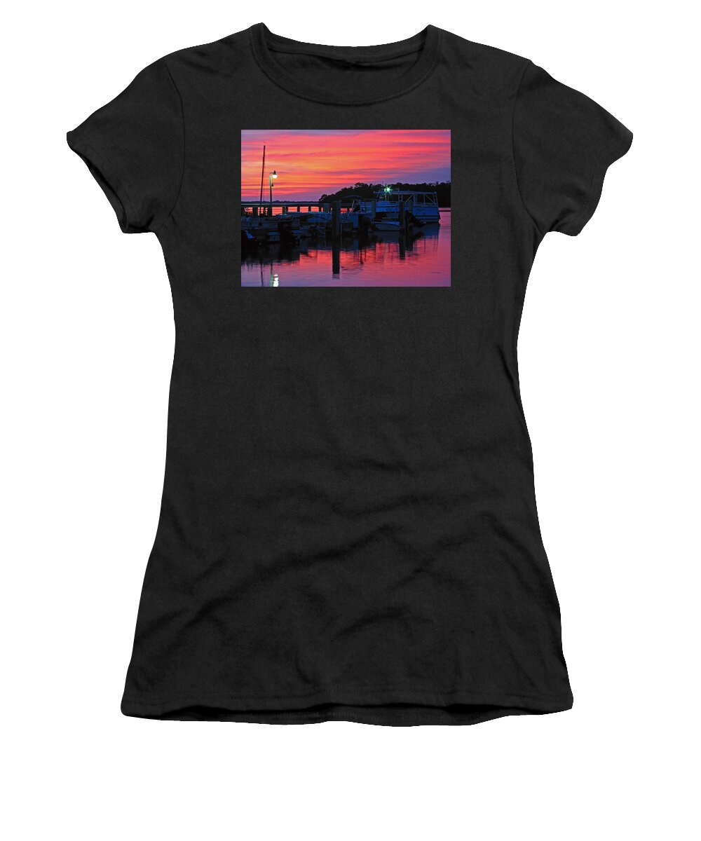Sunset Women's T-Shirt featuring the photograph Sunset at Florida Estero Bay Marina by Juergen Roth