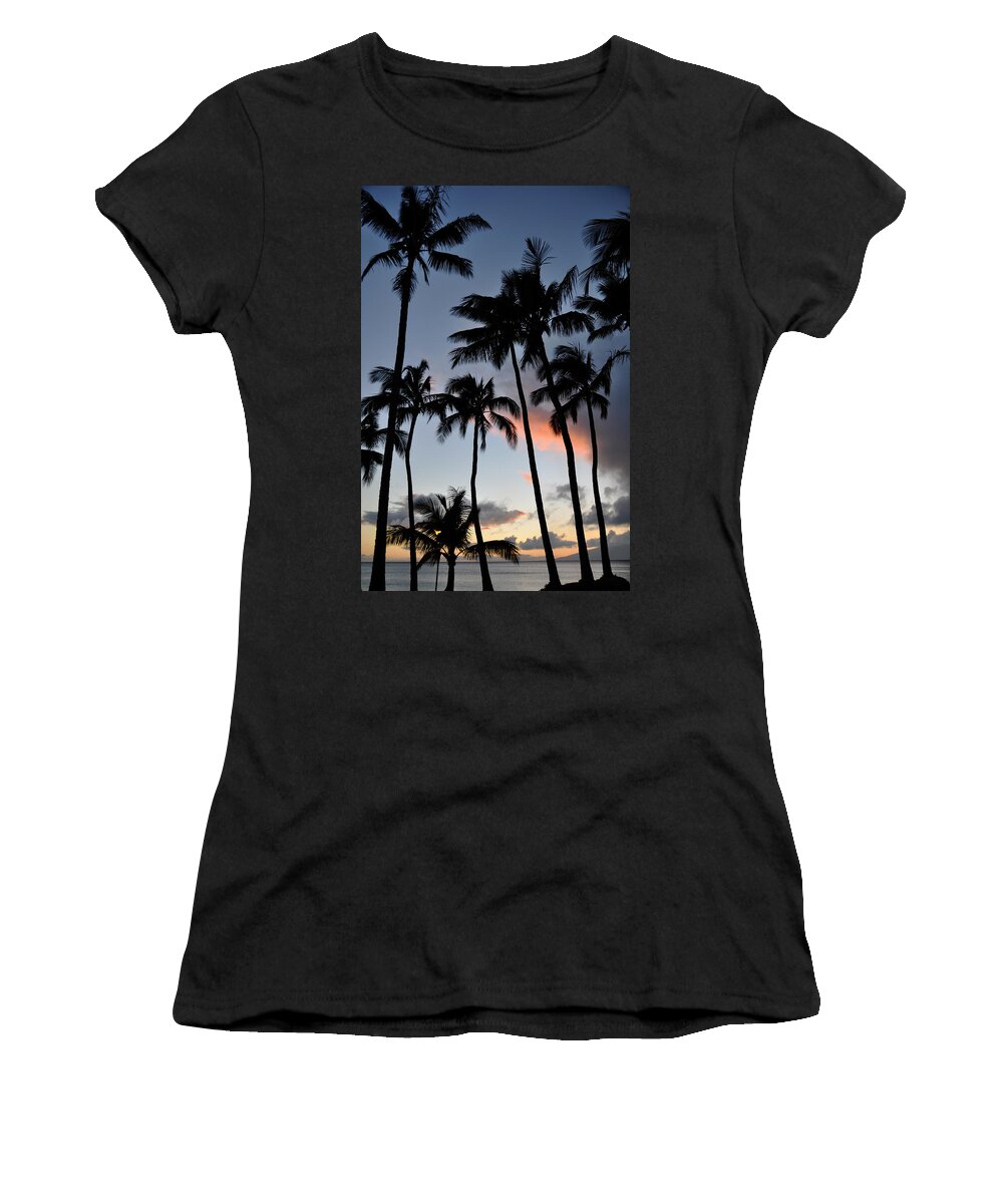 Sunset Palms Napili Bay Maui Hawaii Silhouettes Landscape Women's T-Shirt featuring the photograph Sunset Palms by Kelly Wade