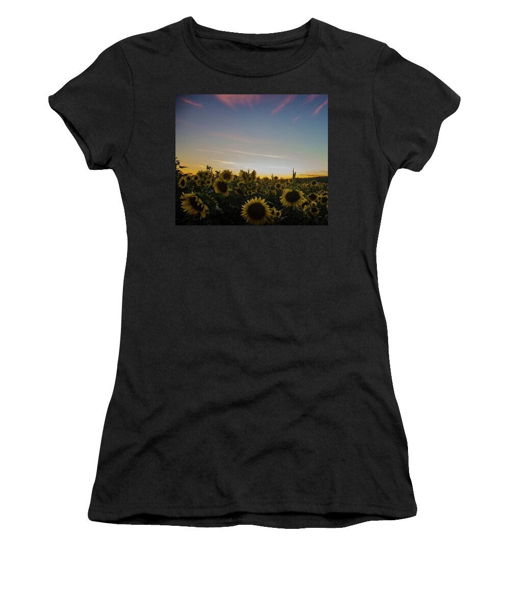 Landscape Women's T-Shirt featuring the photograph Sunset with Sunflowers at Andersen Farms by GeeLeesa Productions