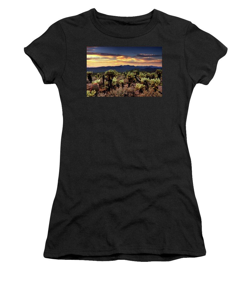 Sunset Women's T-Shirt featuring the photograph Teddy Bear Chollas Aglow by Saija Lehtonen