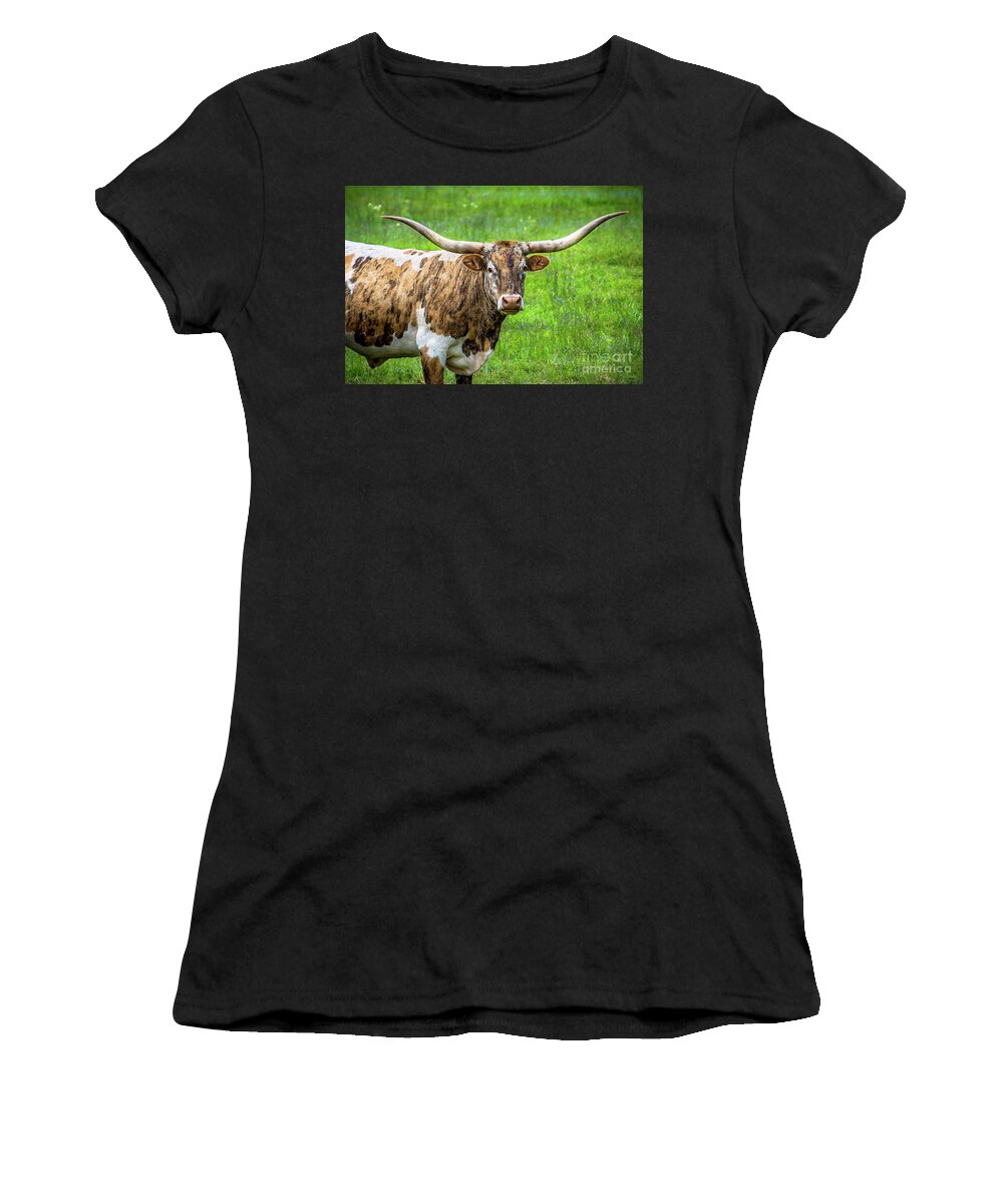 Texas Longhorn: Brindle And White Women's T-Shirt featuring the photograph Texas Longhorn by Imagery by Charly