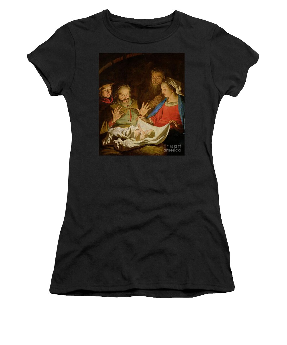 The Adoration Of The Shepherds (oil On Canvas) Women's T-Shirt featuring the painting The Adoration of the Shepherds by Matthias Stomer