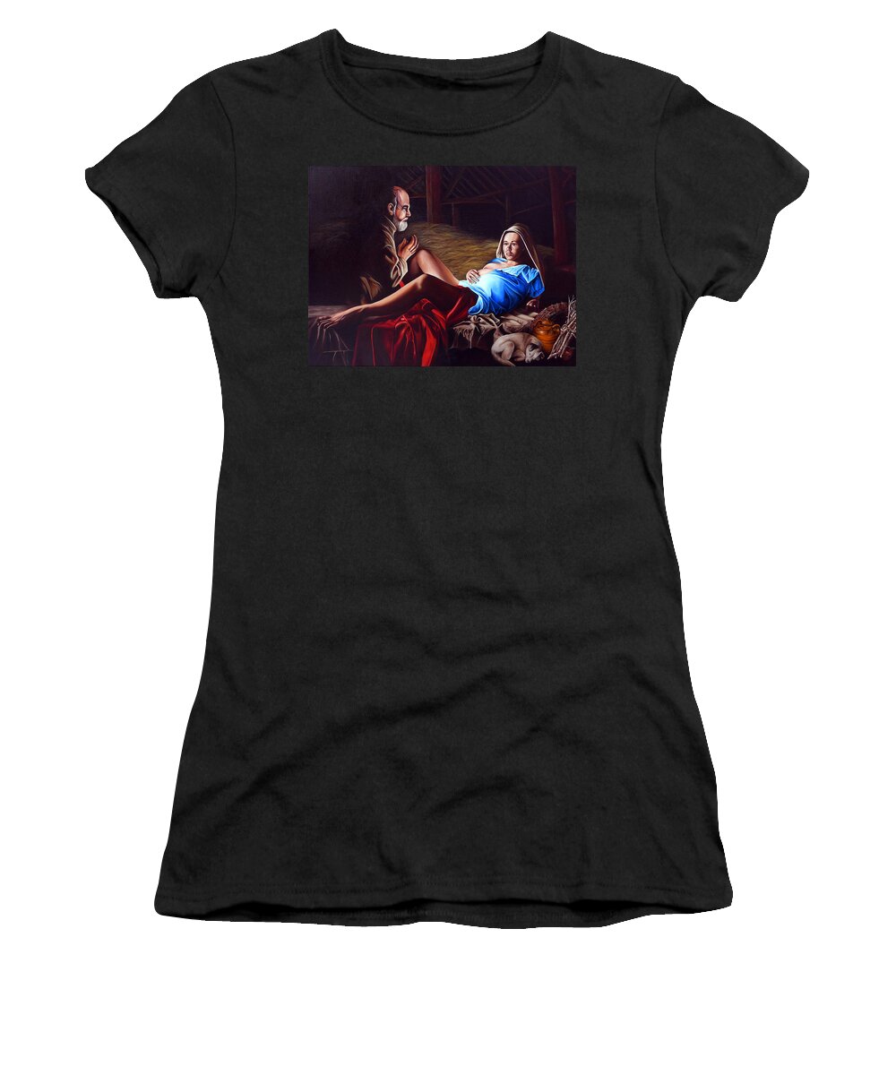 Virgin Mary Women's T-Shirt featuring the painting The Birth by Vic Ritchey
