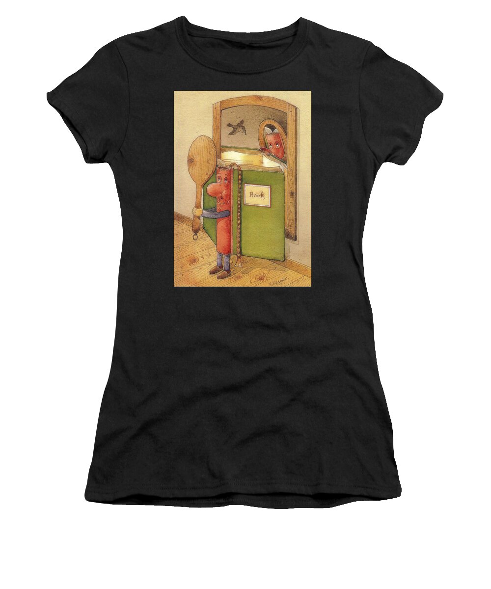 Book Mirror Bird Reading Women's T-Shirt featuring the painting The Book reading himself by Kestutis Kasparavicius