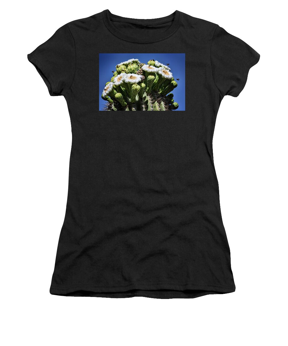 Saguaro Cactus Women's T-Shirt featuring the photograph The Busy Little Bees on the Saguaro Blossoms by Saija Lehtonen