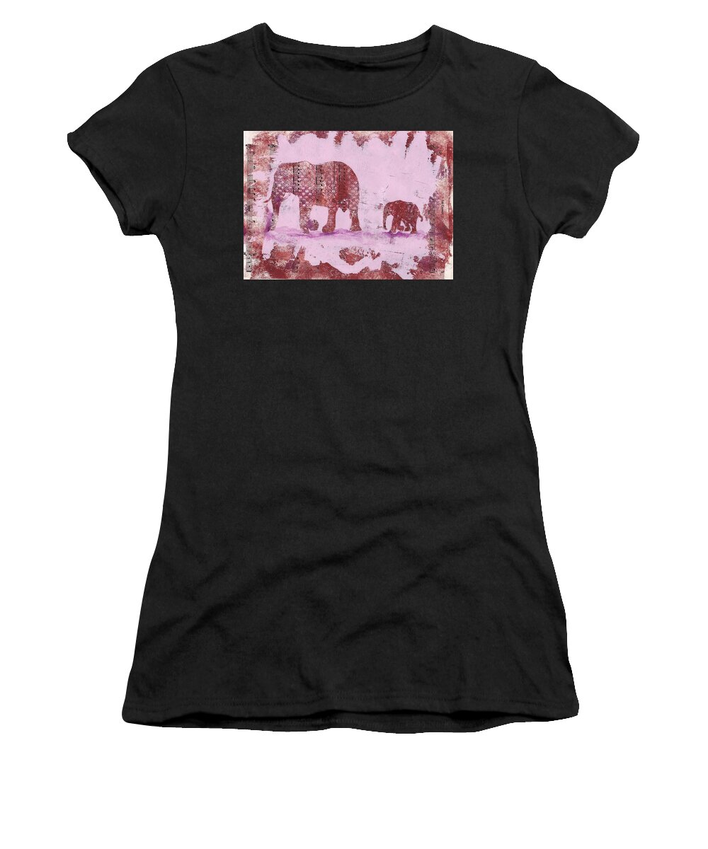 Elephant Women's T-Shirt featuring the mixed media The Elephant March by Ruth Kamenev