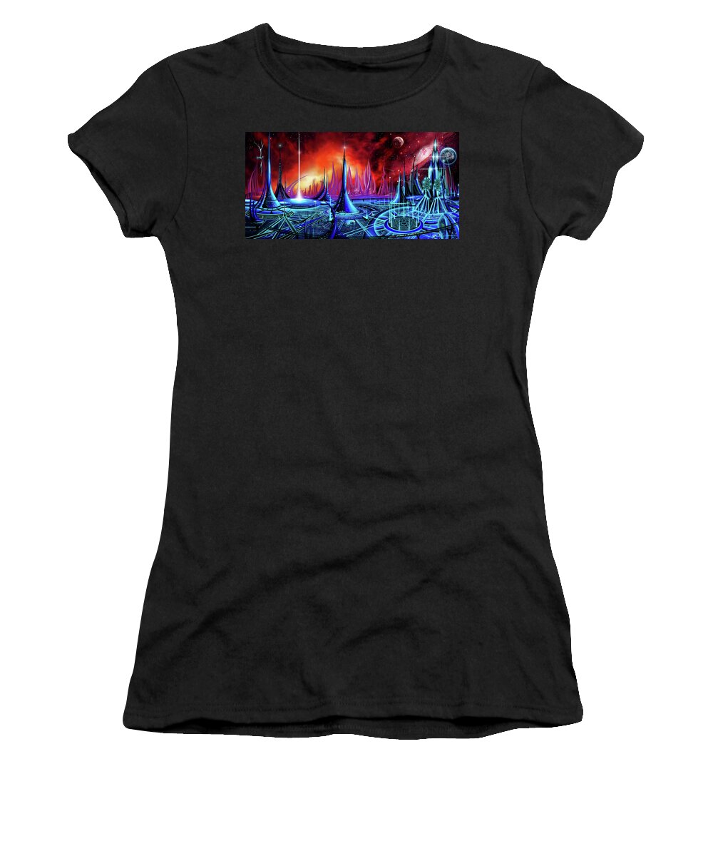 Copyright 2016 - James Christopher Hill; Sunrise; Sunset; Power; Galaxy; Ancient; Power; Castle; Fantasy Moon; Planet; Space; Time; Castle; Sacred Geometry; Pi Women's T-Shirt featuring the painting The Enneanoveum by James Hill