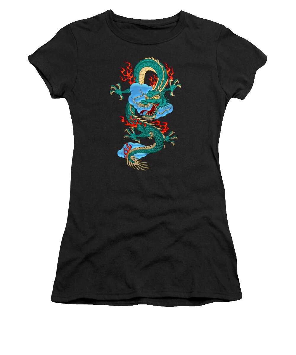'treasures Of China' Collection By Serge Averbukh Women's T-Shirt featuring the digital art The Great Dragon Spirits - Turquoise Dragon on Red Silk by Serge Averbukh