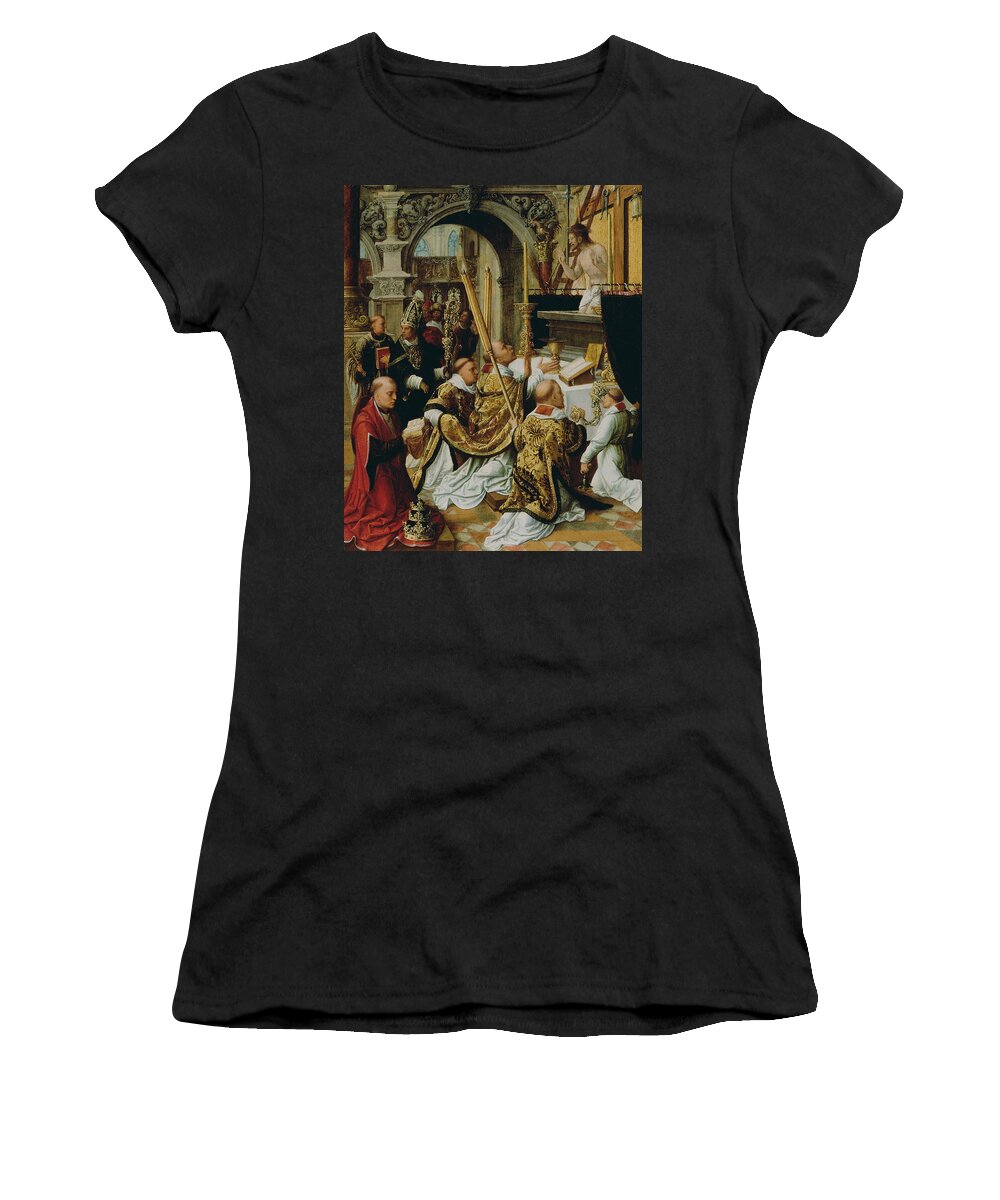 16th Century Art Women's T-Shirt featuring the painting The Mass of Saint Gregory the Great by Adriaen Isenbrandt
