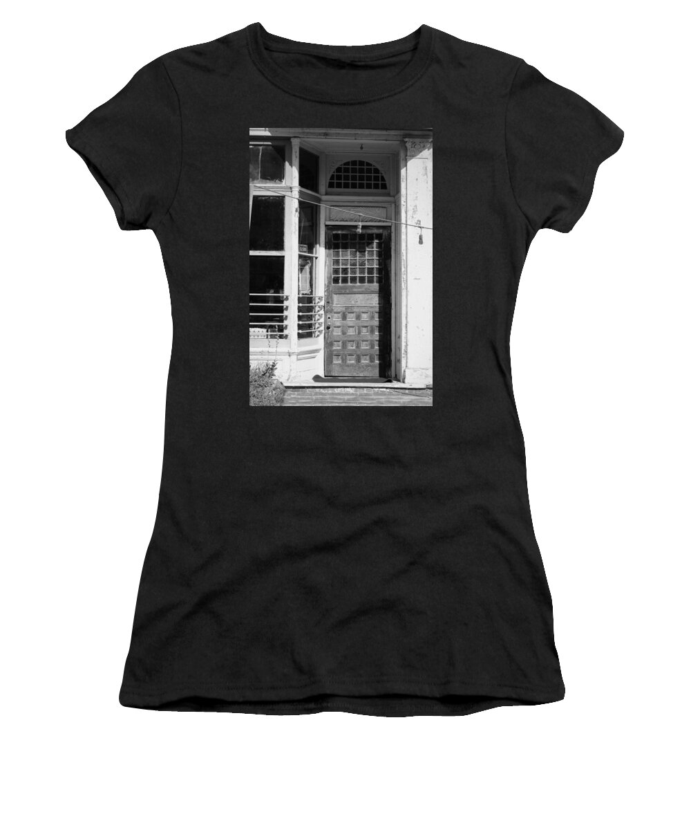 Black-and-white Women's T-Shirt featuring the photograph The Old Door At Port Costa B and W by Joyce Dickens