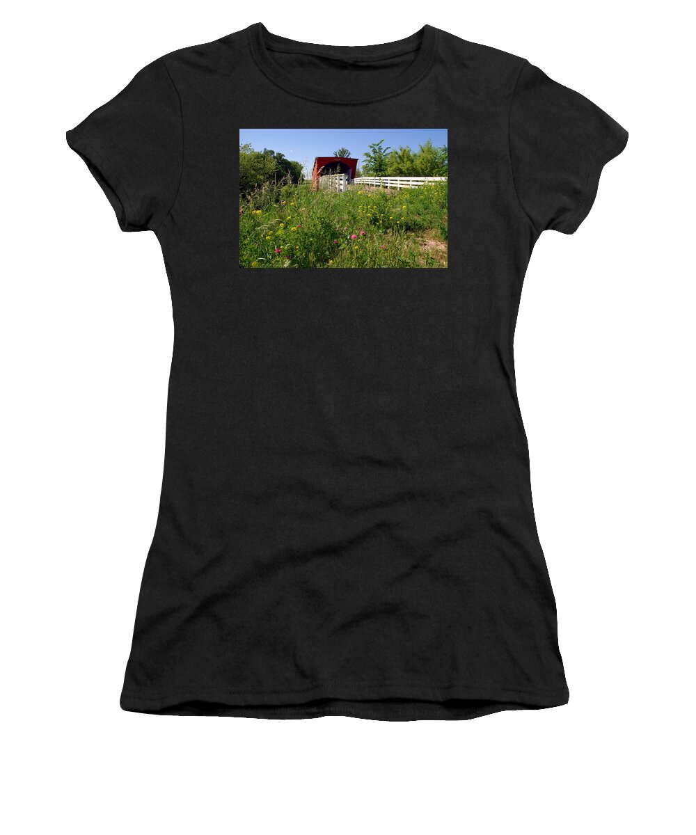 Photography Women's T-Shirt featuring the photograph The Roseman Bridge in Madison County Iowa by Susanne Van Hulst