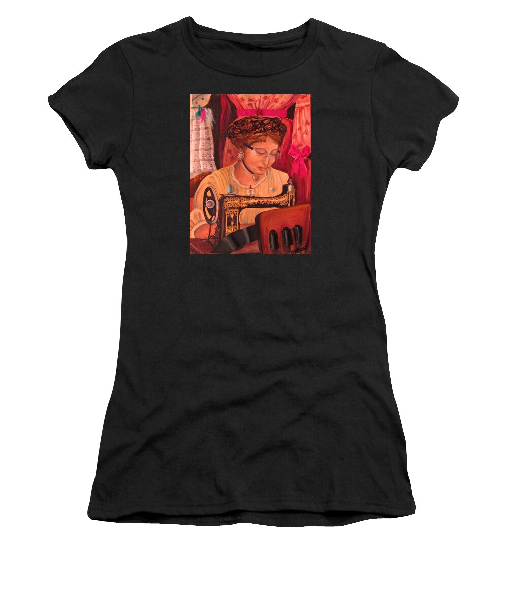 Mixed-media Women's T-Shirt featuring the painting The Seamstress by Carol Allen Anfinsen