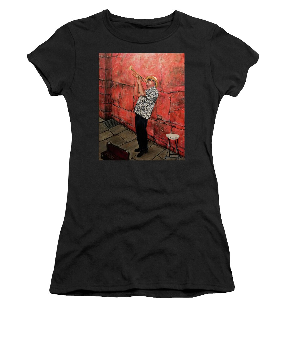 Trumpeter Women's T-Shirt featuring the painting The Trumpet Man by Bonnie Peacher