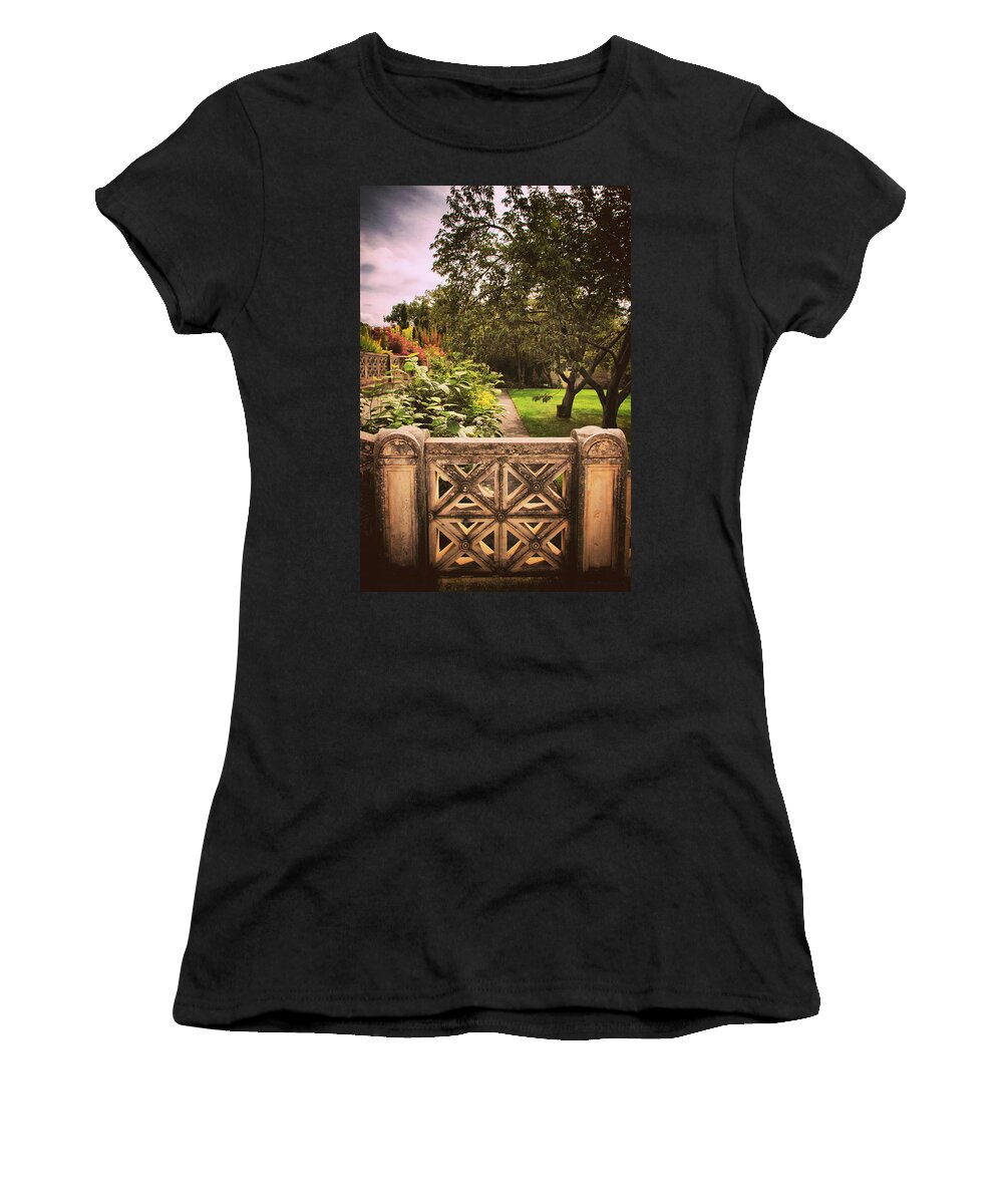 Untermyer Garden Women's T-Shirt featuring the photograph The Walled Garden Gate by Jessica Jenney