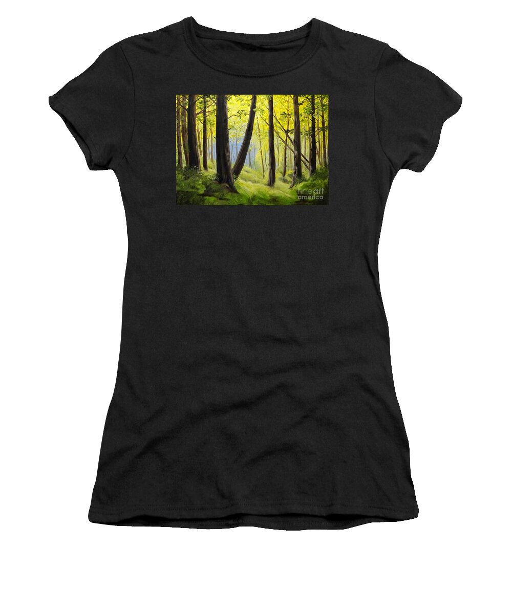 Trees Landscape Colour Light Shadow Bushes Leaves Grass Moss Yellow Green Brown Blue Bright Branches Dark Woods Forest Women's T-Shirt featuring the painting The Woods by Ida Eriksen