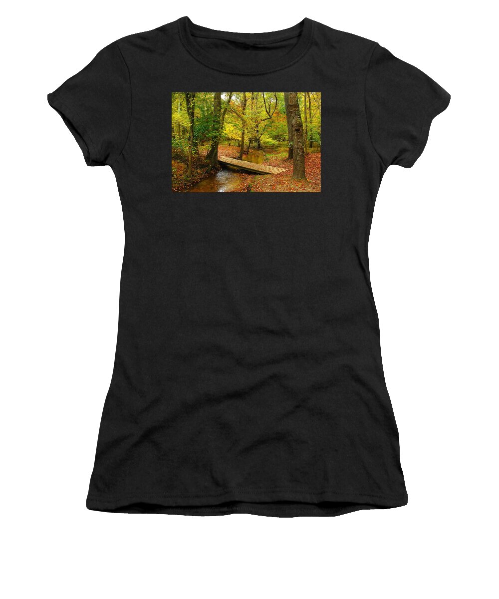 Autumn Landscapes Women's T-Shirt featuring the photograph There Is Peace - Allaire State Park by Angie Tirado