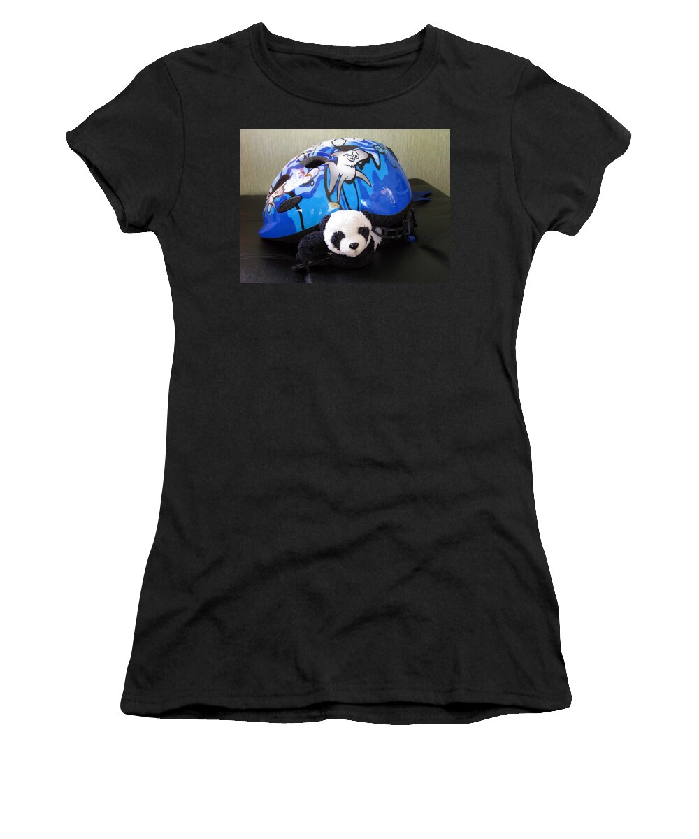 Baby Panda Women's T-Shirt featuring the photograph This helmet is so heavy Ugh by Ausra Huntington nee Paulauskaite