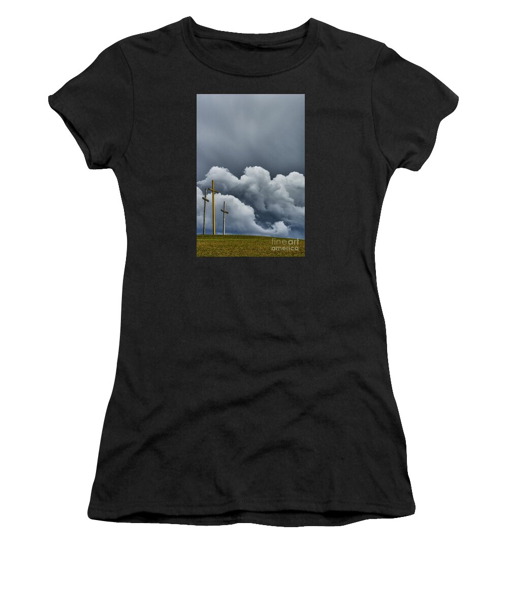 Cross Women's T-Shirt featuring the photograph Three Crosses Coming Storm by Thomas R Fletcher