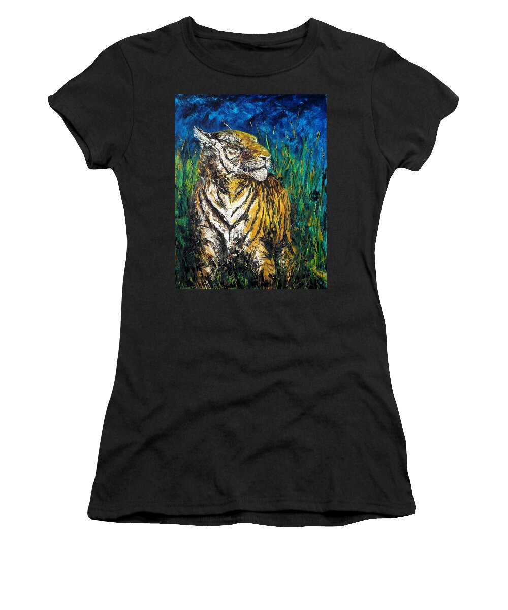 Tiger Women's T-Shirt featuring the painting Tiger Night Hunt by Shirley Heyn