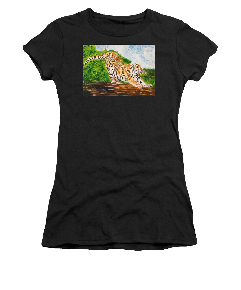 Cat Women's T-Shirt featuring the painting Tiger Stretching by Valerie Ornstein