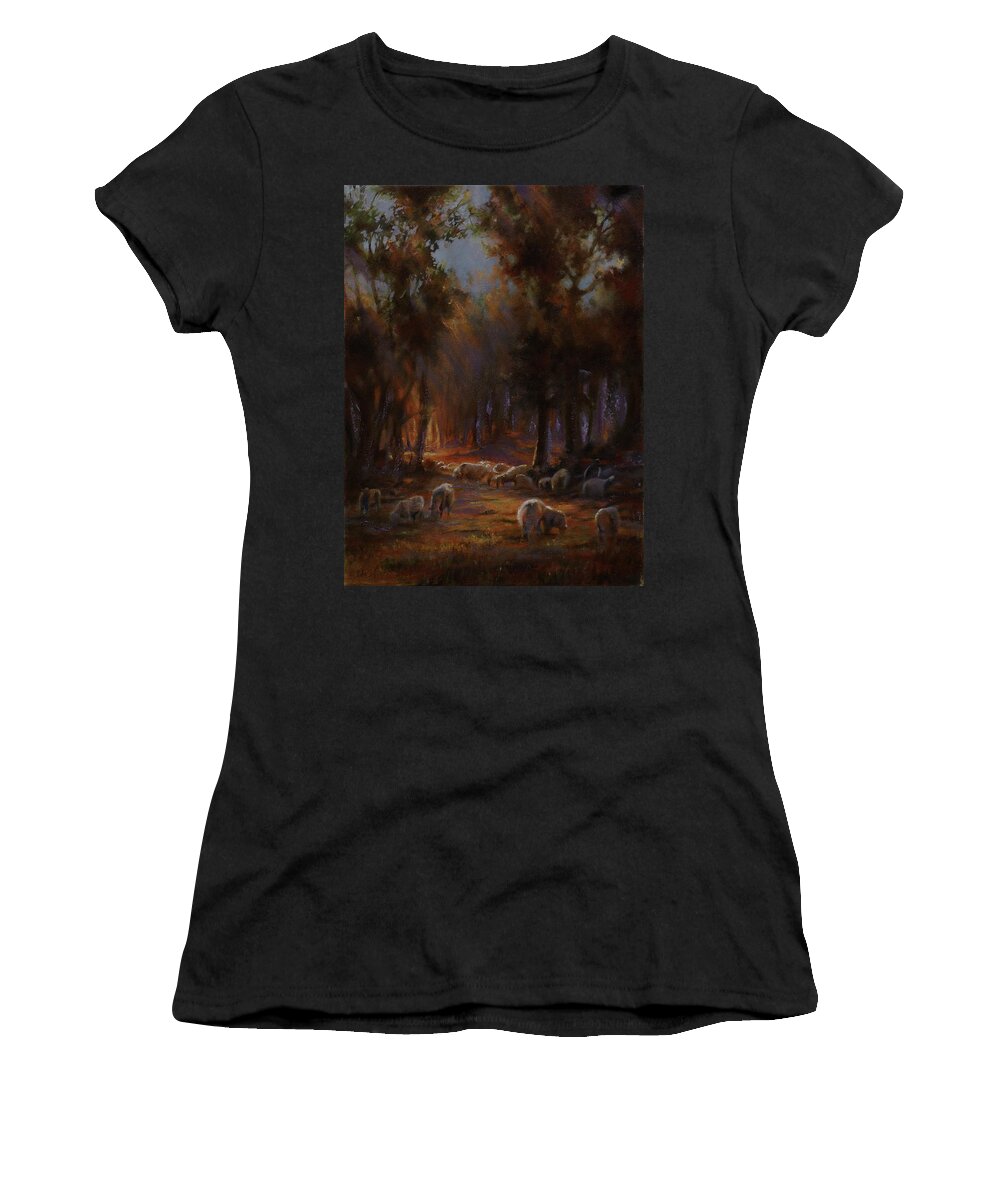 Sheep Women's T-Shirt featuring the painting Touched By Light by Mia DeLode