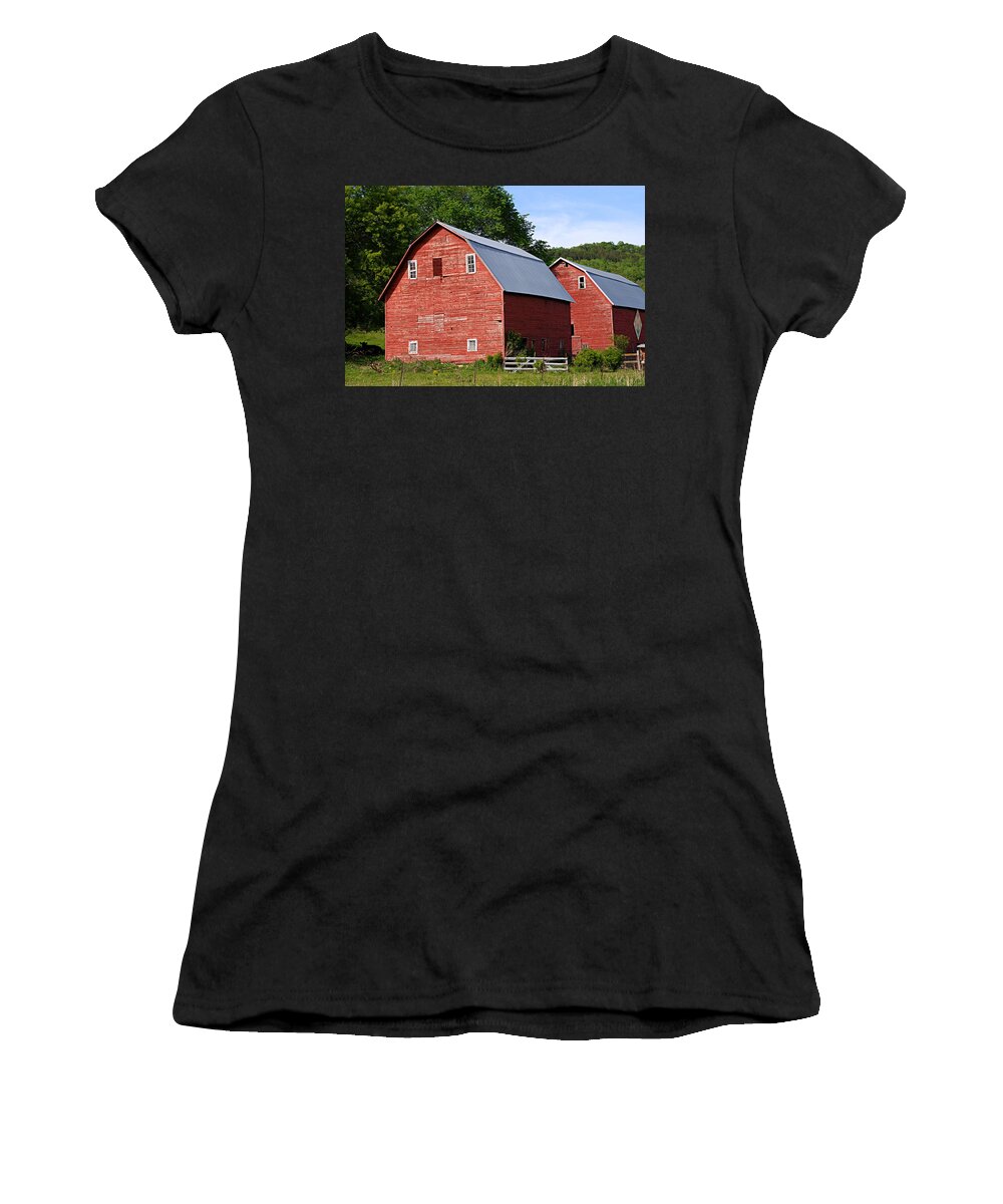 Red Barns Women's T-Shirt featuring the photograph Twin Barns by Larry Ricker