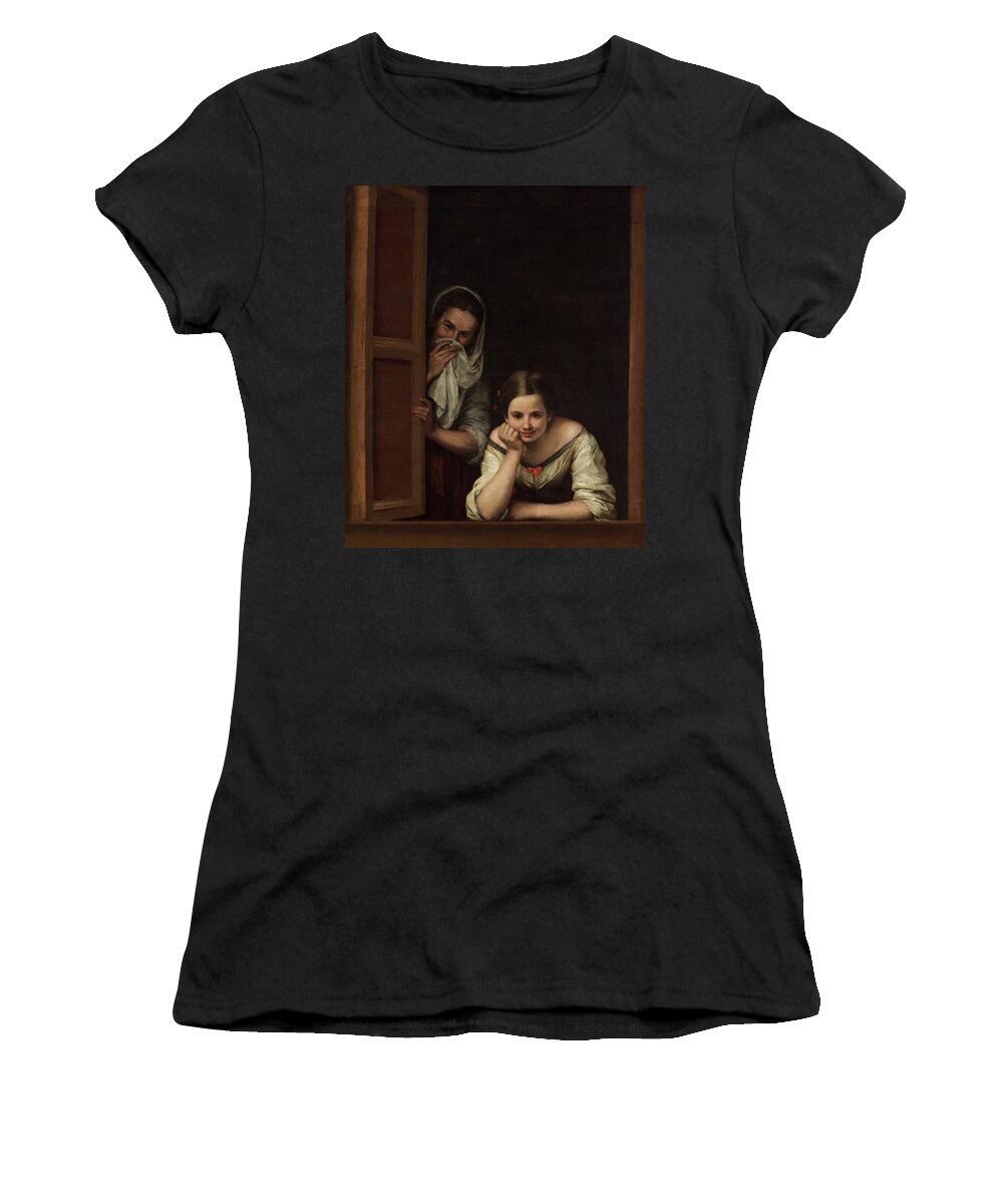 Bartolome Esteban Murillo Women's T-Shirt featuring the painting Two Women at a Window by Bartolome Esteban Murillo