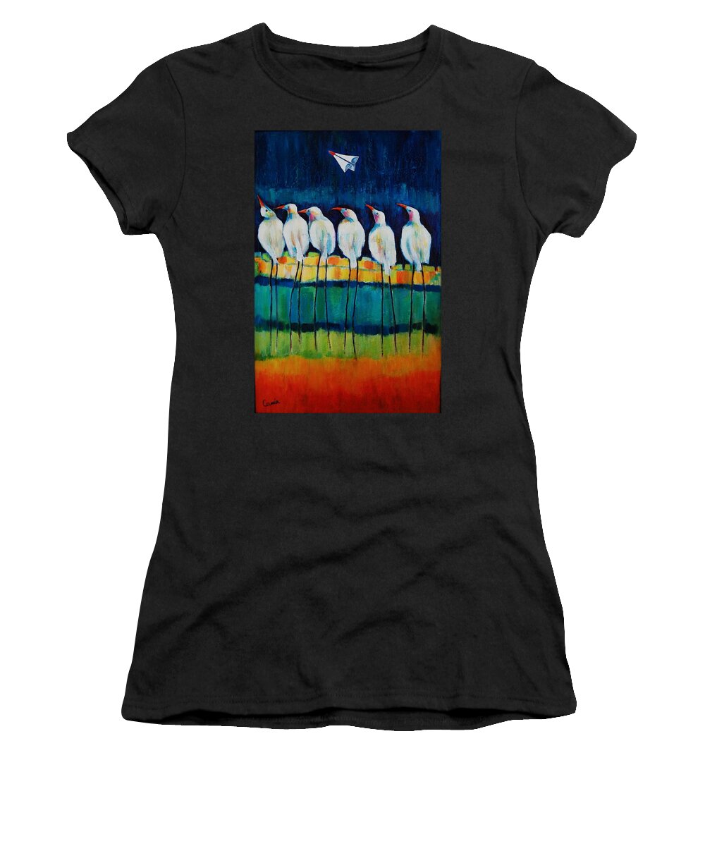Expressive Birds Women's T-Shirt featuring the painting UFO Sighting by Jean Cormier